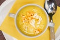 High angle view of Bowl of sweet corn soup with popcorn Royalty Free Stock Photo