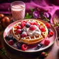 High angle view of breakfast served on table. Breakfast with Viennese waffles, fresh strawberries and creamy chocolate sauce. The