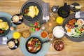 High angle view of brunch food on the table in a restaurant Royalty Free Stock Photo