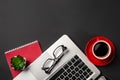 High angle view of businessman desk with organizer, pen, glasses and laptop. Top view Royalty Free Stock Photo