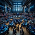 High-angle view of a bustling stock exchange trading floor with numerous traders and monitors displaying financial data Royalty Free Stock Photo