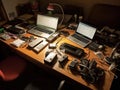 Table with laptops smartphones and office supplies