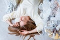 High angle view of caucasian beautiful woman lying on the floor near Royalty Free Stock Photo