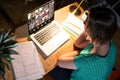 High angle view of caucasian businesswoman video conferencing with coworkers over laptop at night Royalty Free Stock Photo