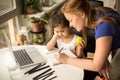 Mom and small girl child handwrite, doing homework, while learning at home