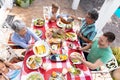 Caucasian family sitting at table during a family lunch in the garden Royalty Free Stock Photo