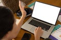 High angle view of caucasian young woman working over laptop at home, copy space Royalty Free Stock Photo