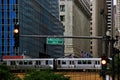 High angle view of Chicago`s elevated green line train and track on Lake and LaSalle Streets in Chicago Loop. Royalty Free Stock Photo