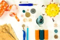 High angle view of a collection of sewing items Royalty Free Stock Photo