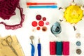 High angle view of a collection of sewing items Royalty Free Stock Photo