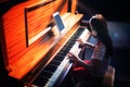 High angle view of concentrated girl practicing piano