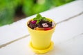 High angle view a cookie crumbs in a yellow pot decorated with worm jelly, chocolate gravel and peppermint on white wooden table