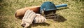 High angle view of cricket equipment on field