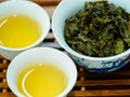 High angle view of cups of green oolong tea and tea leaves on a wooden tray Royalty Free Stock Photo