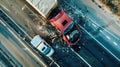 High angle view of dangerous car accident on road, truck, top view of collision. Royalty Free Stock Photo