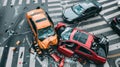 High angle view of a dangerous car crash incident on the road, top view collision