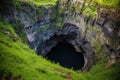 high-angle view of a deep sinkhole leading to an underground cave