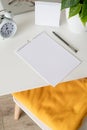 High angle view of desk arrangement with two blank calendars for mock up and stationery Royalty Free Stock Photo