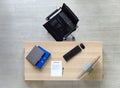 High angle view of the desk in the office. Computer monitor, keyboard, mouse, pen, contract document and document folder are on Royalty Free Stock Photo