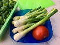 High angle view of fresh spring onions on a blue plate Royalty Free Stock Photo