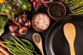 High angle view of frying pan with spices and various vegetables and oil bottle on table