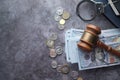 High angle view of gavel and cash on table Royalty Free Stock Photo