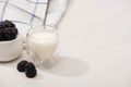 High angle view of glass of homemade yogurt and sugar bowl with blackberries near plaid fabric