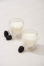 High angle view of glasses of homemade yogurt near blackberries