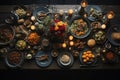 High Angle View of Grilled Meal of Steak, Chicken and Vegetables Spread Out on Rustic Wooden Table at a diner Party Royalty Free Stock Photo