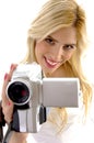High angle view of happy woman with handy cam Royalty Free Stock Photo