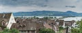 High angle view of the historic old town of Rapperswil with Lake Zurich behind