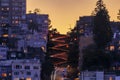 High angle view of illuminated homes on Lombard Street in San Francisco, California at sunset with car light trails Royalty Free Stock Photo