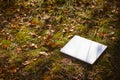 High angle view of laptop on leaves and moss on ground in forest Royalty Free Stock Photo