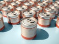 Rows of metal cans with red labels on blue surface Ai Generated Royalty Free Stock Photo