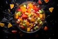high angle view of leftover fruit salad in a glass bowl
