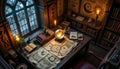 a high angle view of a magical scholar\'s desk inside a hidden section of the library Royalty Free Stock Photo