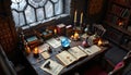 a high angle view of a magical scholar\'s desk inside a hidden section of the library Royalty Free Stock Photo