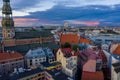 High angle view of a magical stormy sunset over the old town Riga, Latvia