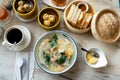Malaysian breakfast at kopitiam wat tan hor, bread and shumai Royalty Free Stock Photo