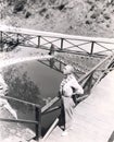 High angle view of man standing on bridge overlooking pond