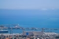 High angle view from Mount Carmel over the Mediterranean Sea and a naval port