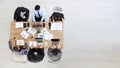 High angle view of multiethnic business people working office desk with right copy space Royalty Free Stock Photo