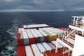 High angle view from the navigation bridge on aft part of container vessel sailing over Pacific ocean in winter. Royalty Free Stock Photo