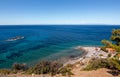 High angle view over famous Relitto beach near Pomonte perfekt for snorkeling and diving to the Elviscot shipwreck