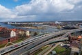 High angle view at overpass crossing Odra river in Szczecin town. Poland.