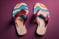 High angle view of pair of flip flops isolated on purple background. generative ai