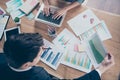 High angle view photo of two busy business people checking right data information sitting office chairs workshop Royalty Free Stock Photo