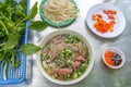 High angle view photo of Vietnam Pho beef noodle soup Royalty Free Stock Photo