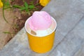 Pink And White Vanilla-flavored Ice Cream In Orange Paper Tub Placed At The Garden Roadside