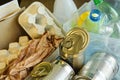 High angle view plastic bottles wastepaper cans on blurred background